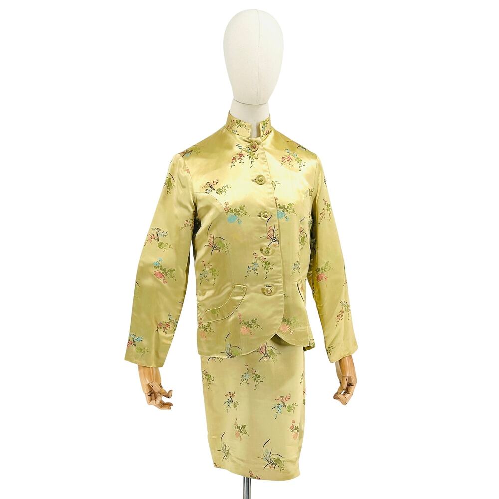Vintage 60s Couture Gold 100% Silk Satin Embroidered Cheongsam Dress Suit